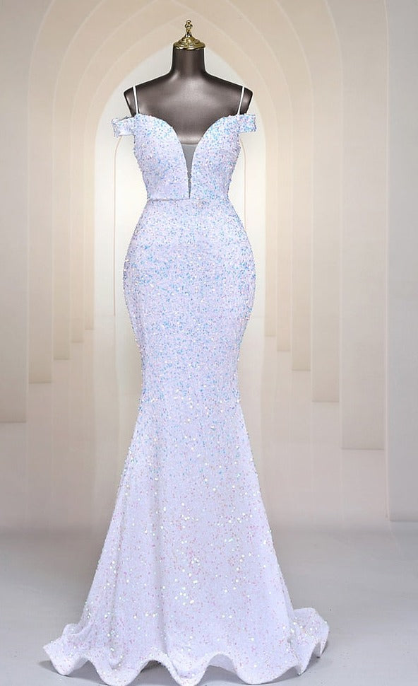 Colorful Sequins Spaghetti Straps Off Shoulder Long Prom Dresses