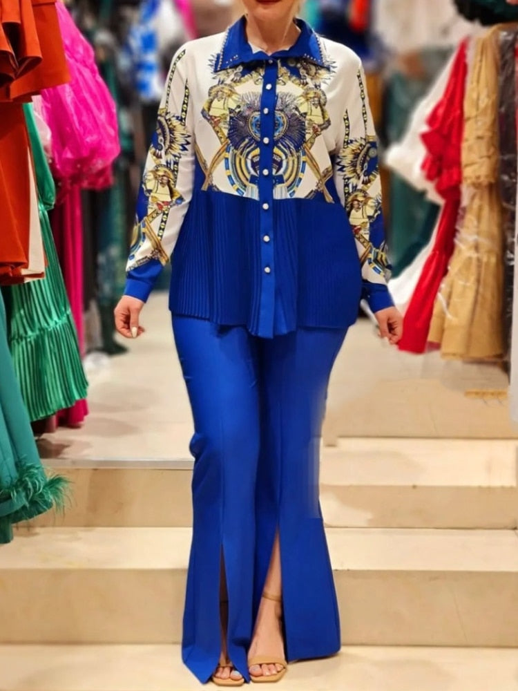 2 Piece Beaded Pleated Print Shirt and Front Slit Flare Pant Outfit