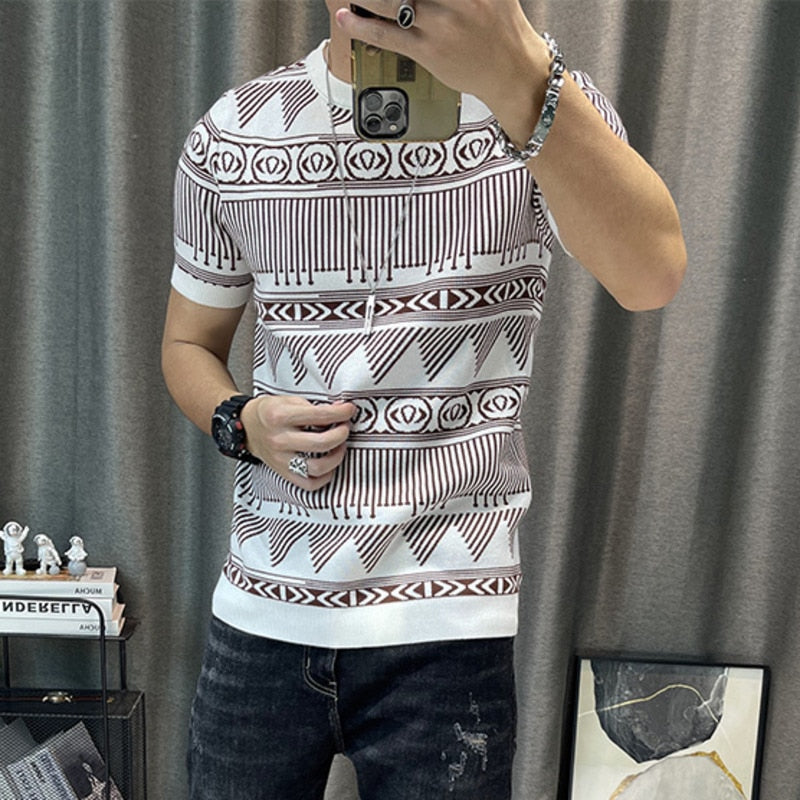 Top Quality Thick O-Neck Stripe Short Sleeve Knitted T-shirt