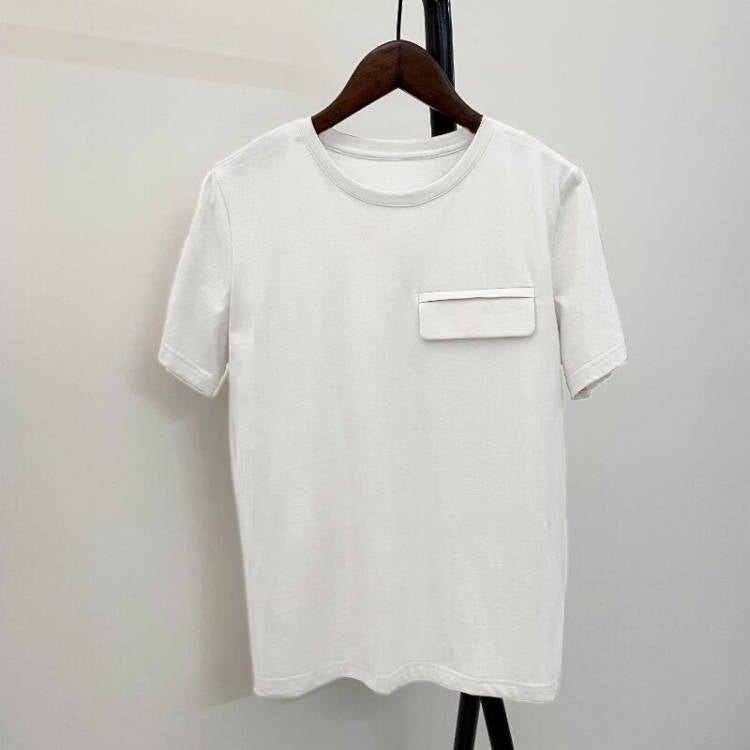 Summer Casual Solid T-shirts Women Fake Pocket O-Neck Cotton Short Sleeve Tees