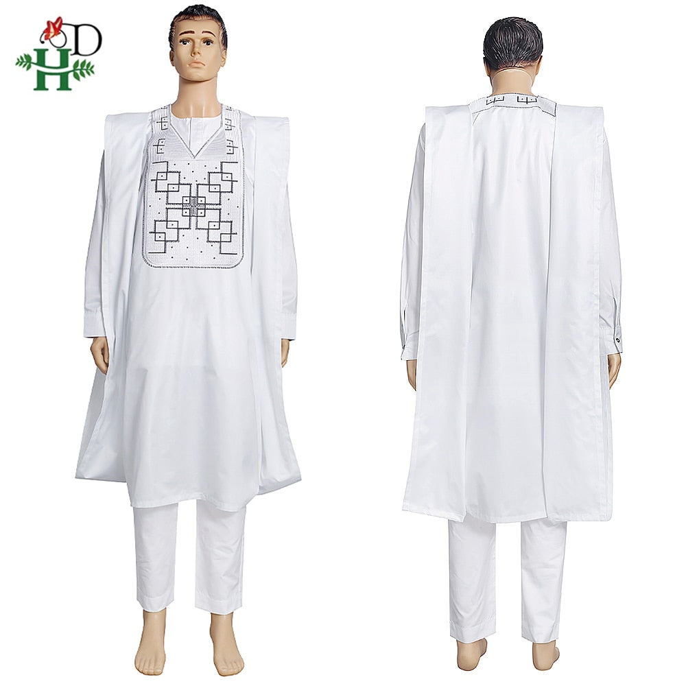 African Agbada Embroidery Robe Shirt Pants (3 PCS Set) Clothes for Men