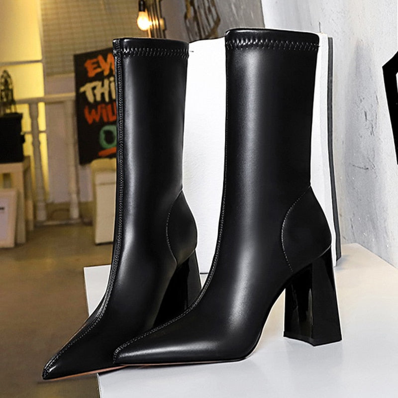 Leather Mid-Calf Chunky Block Pointed High-Heeled Boots