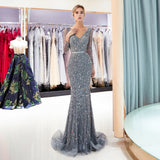 Long Sleeve Mermaid V Neck Lace Beaded Shiny Formal Gown